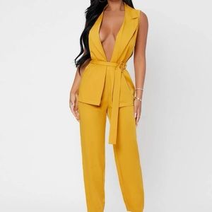 PETITE Solid Lapel Neck Belted Blazer & Pants Set